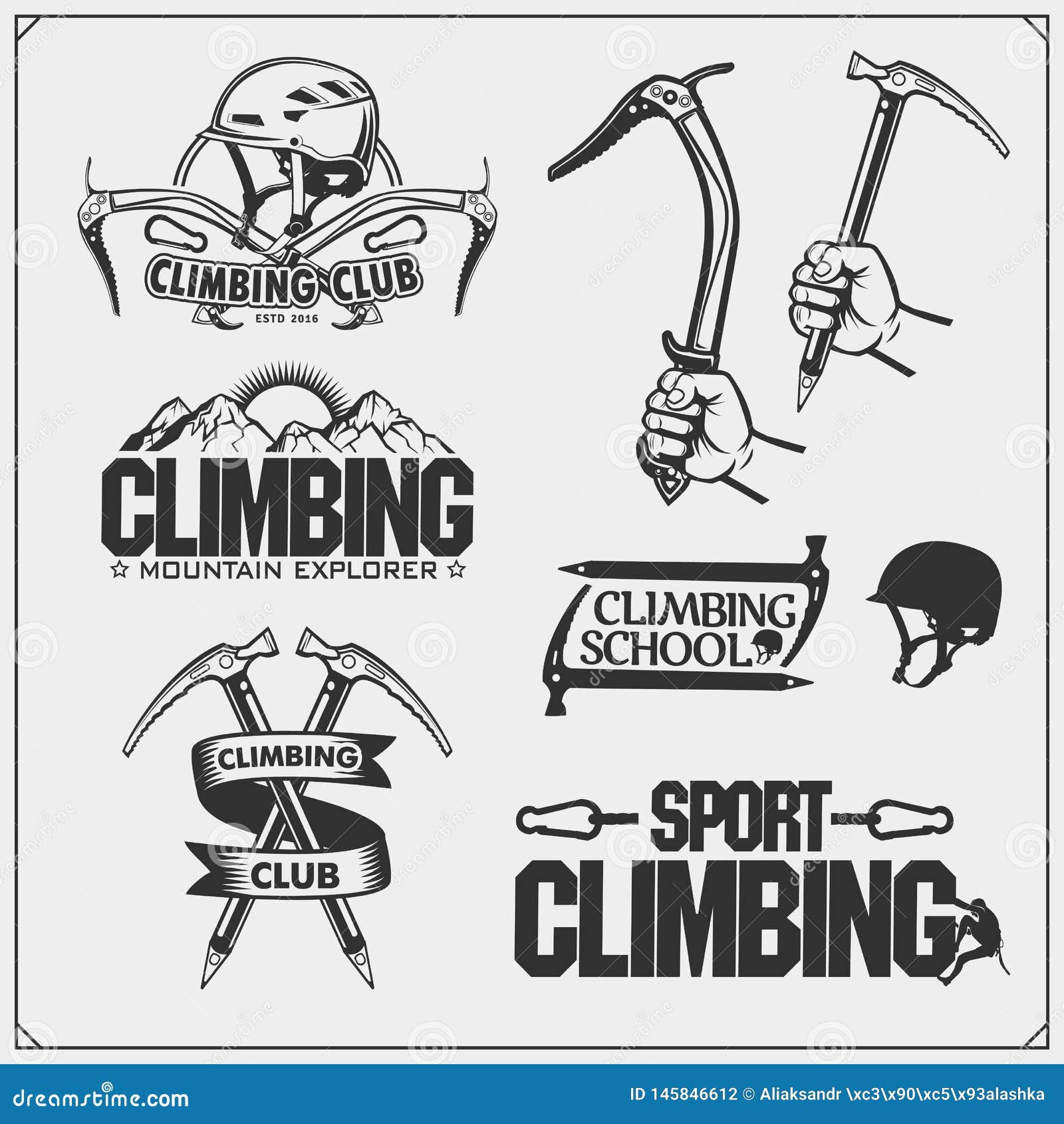 Set of Mountain Climbing Labels, Emblems and Design Elements. Stock