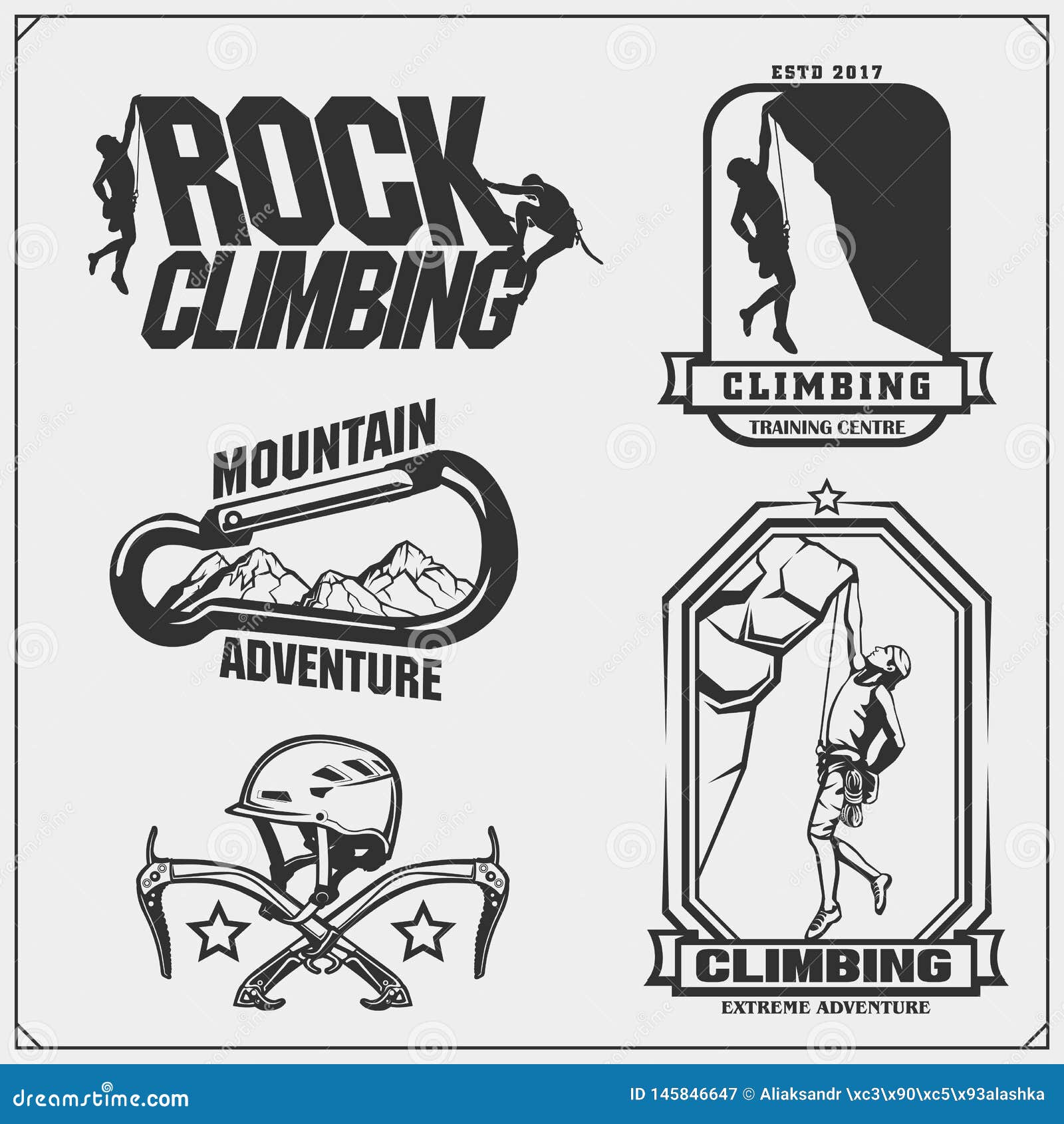 Set of Mountain Climbing Labels, Emblems and Design Elements. Stock