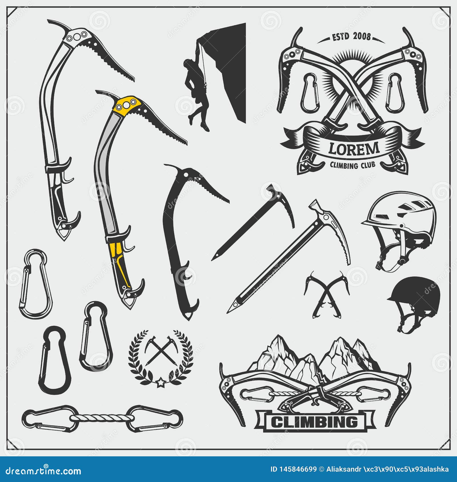 Set of Mountain Climbing Labels, Emblems and Design Elements. Stock