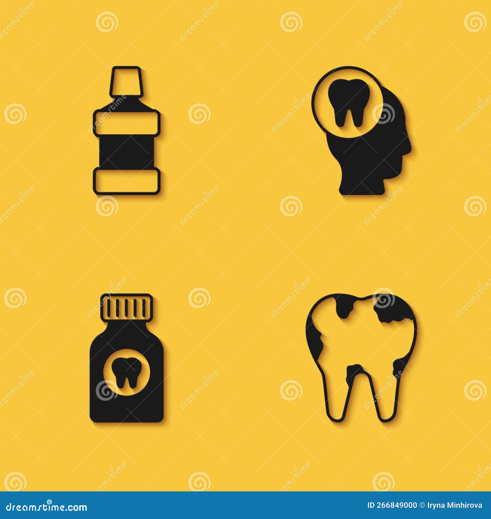 Set Mouthwash, Broken Tooth, Toothache Painkiller Tablet and Icon with