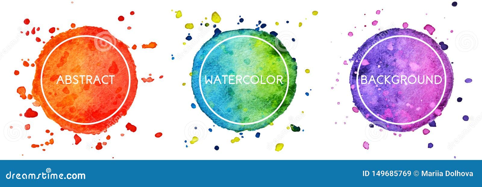 set of 3 multicolor watercolor hand drawn circles background with splashes for logo, emblem