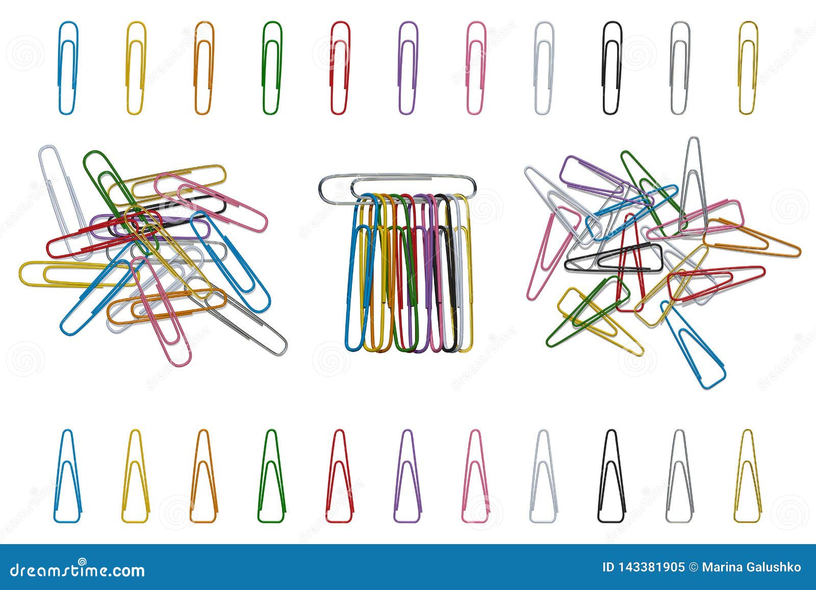 Set of Multicolored Plastic Clips on a White Background Stock