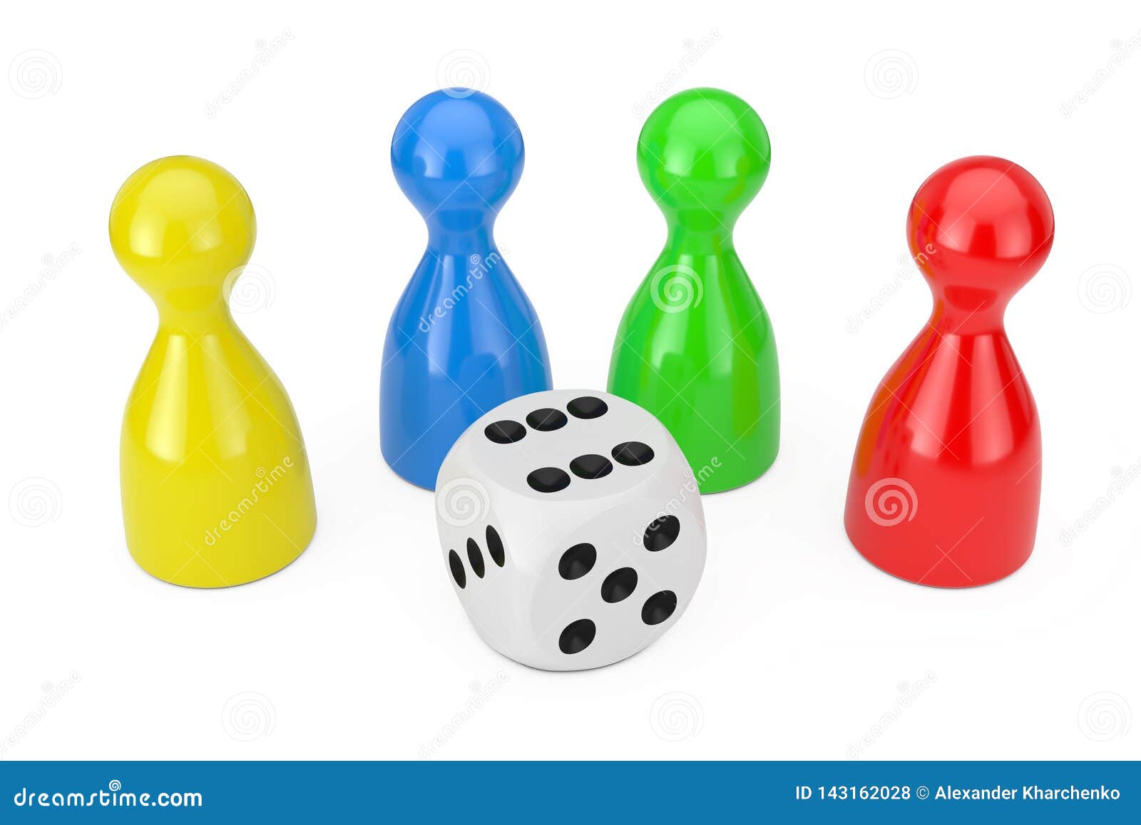 Download Set Of Multicolour Board Game Pawn Figures Mockup With White Game Dice Cube. 3d Rendering Stock ...