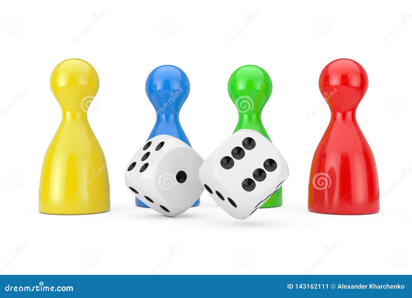 Download Set Of Multicolour Board Game Pawn Figures Mockup With White Game Dice Cubes. 3d Rendering Stock ...