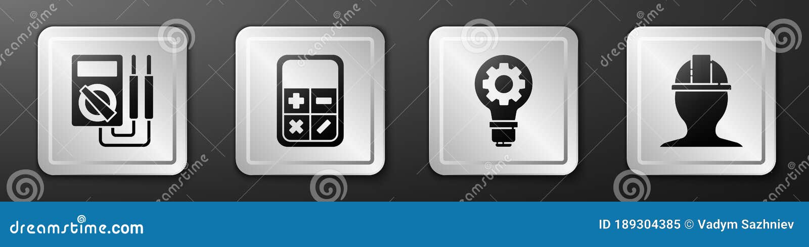 set multimeter, calculator, light bulb and gear and worker safety helmet icon. silver square button. 