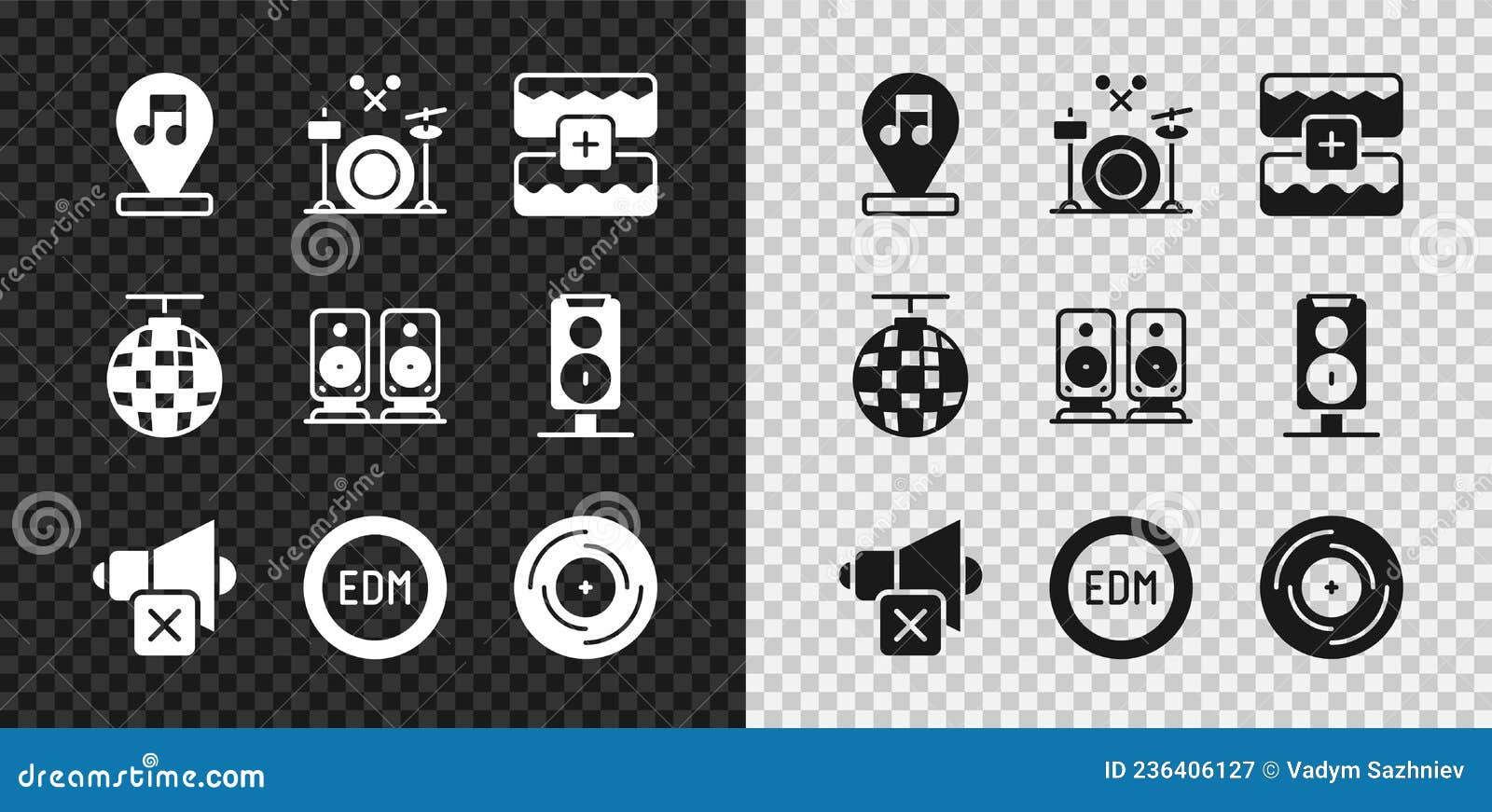 Set Music Note, Tone, Drums, Wave Equalizer, Speaker Mute, EDM Electronic Dance Music, Vinyl