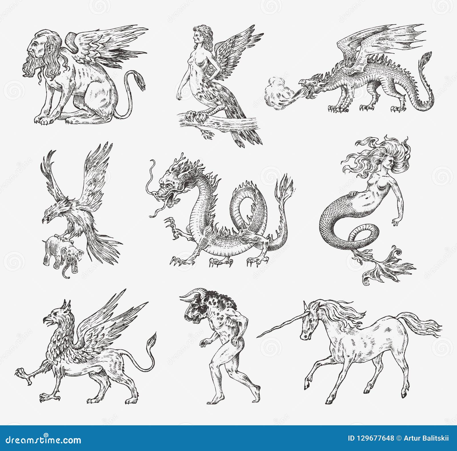 set of mythological animals. mermaid minotaur unicorn chinese dragon cerberus harpy sphinx griffin mythical basilisk roc