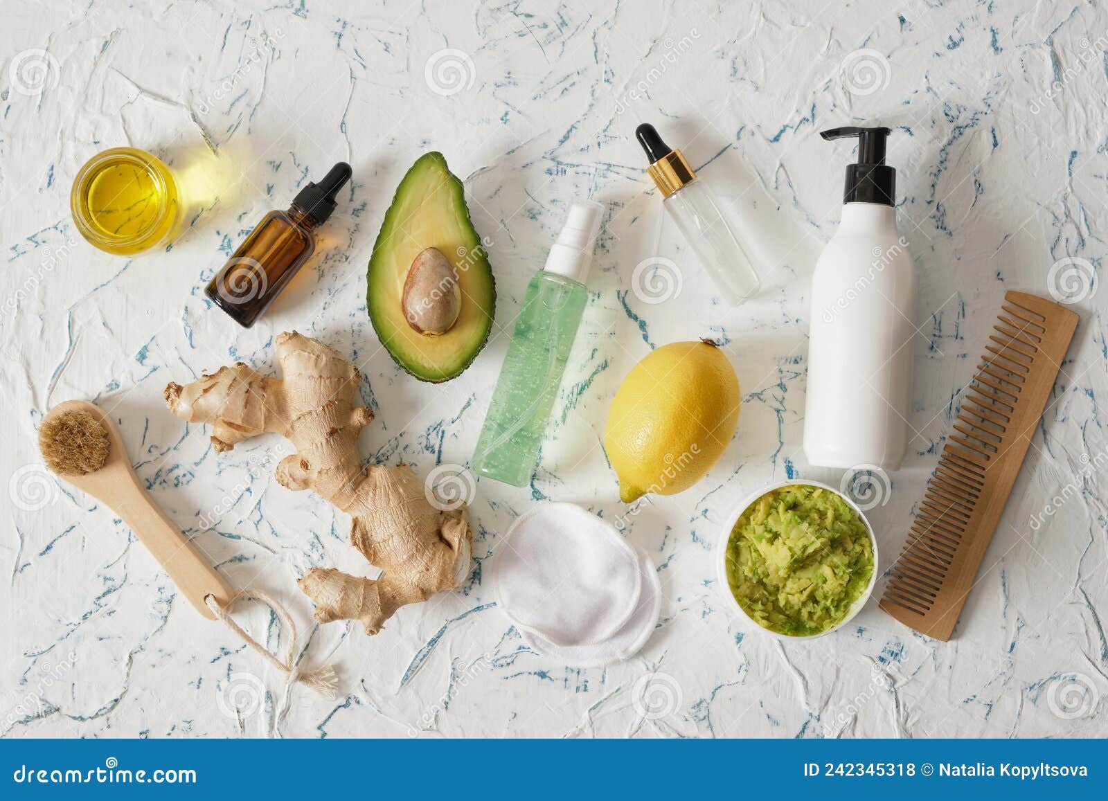 set of natural cosmetics on sonov avocado, ginger and lemon, mock up bottles, massage tin brush and comb