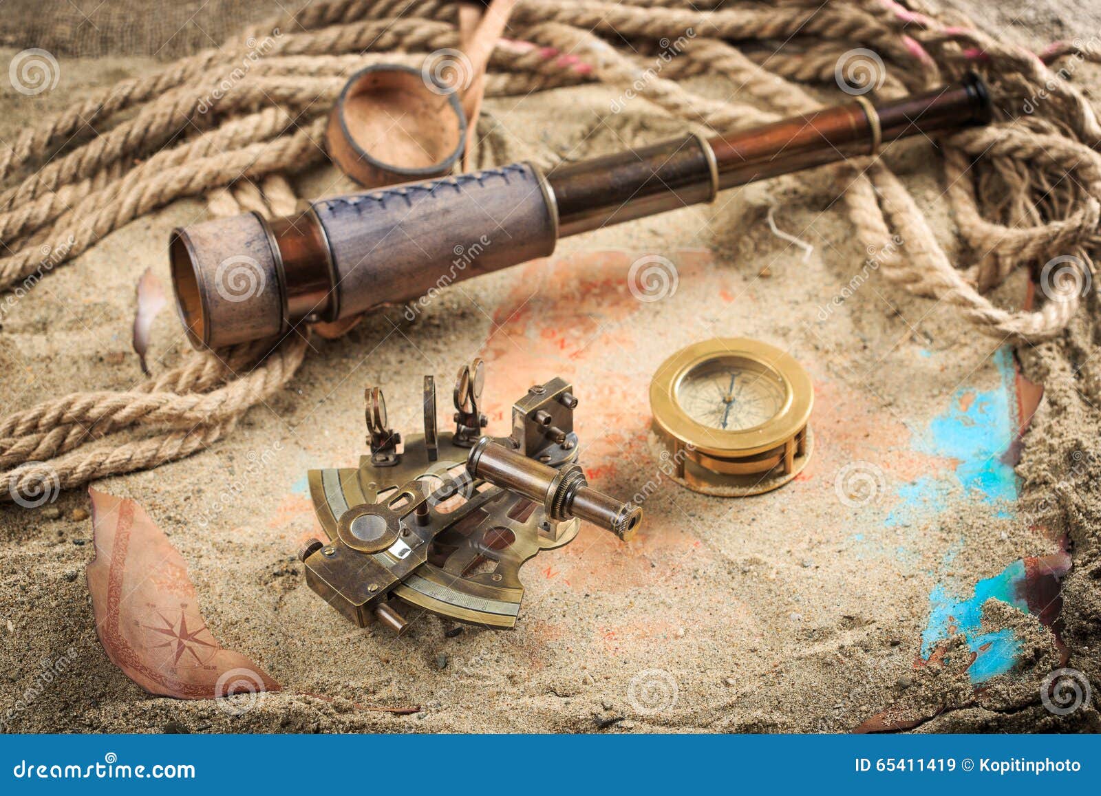 Set of Nautical Instruments, Lying on the Sand and Stock Image Image