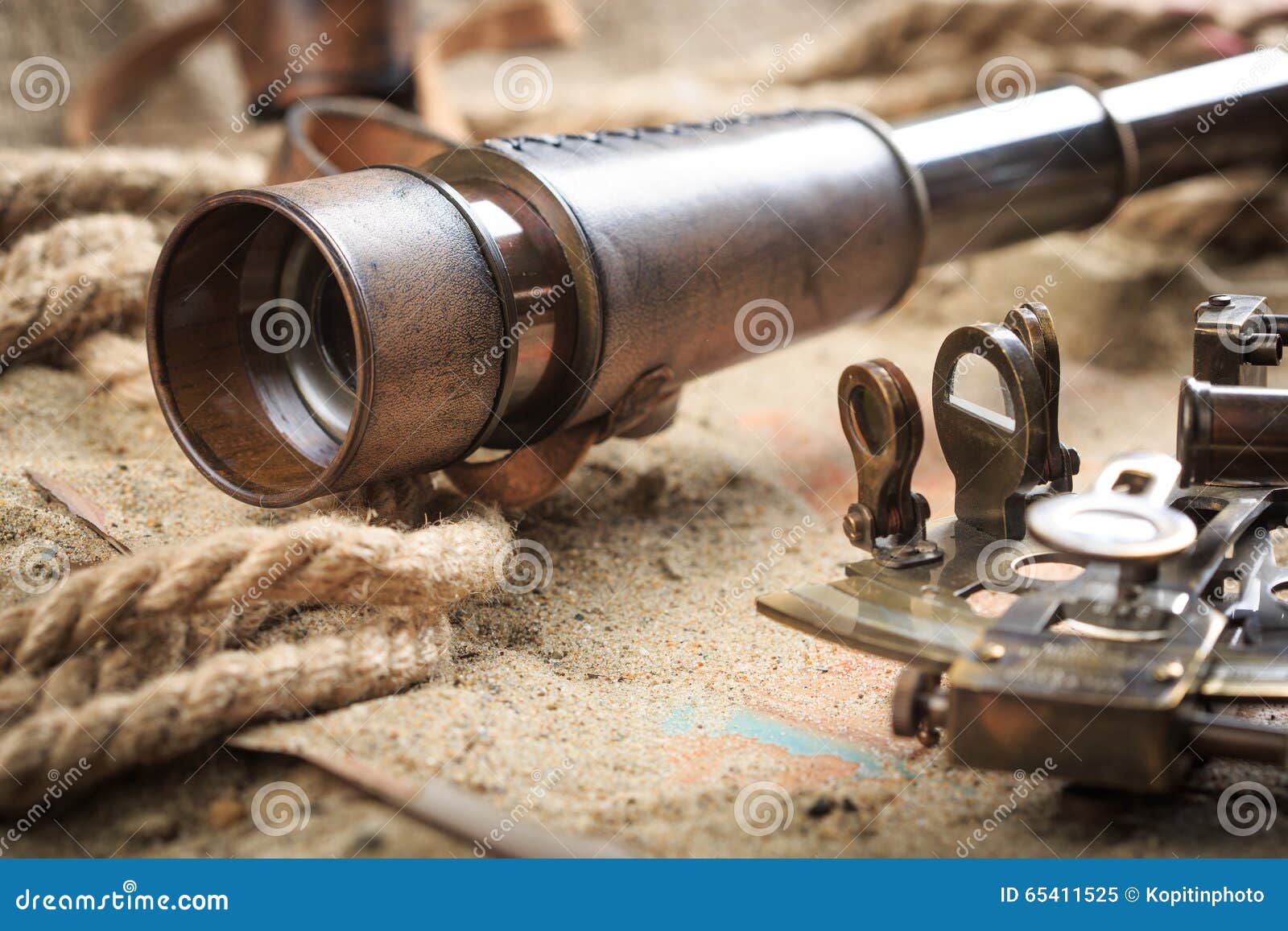 Set of Nautical Instruments, Lying on the Sand and Stock Image Image