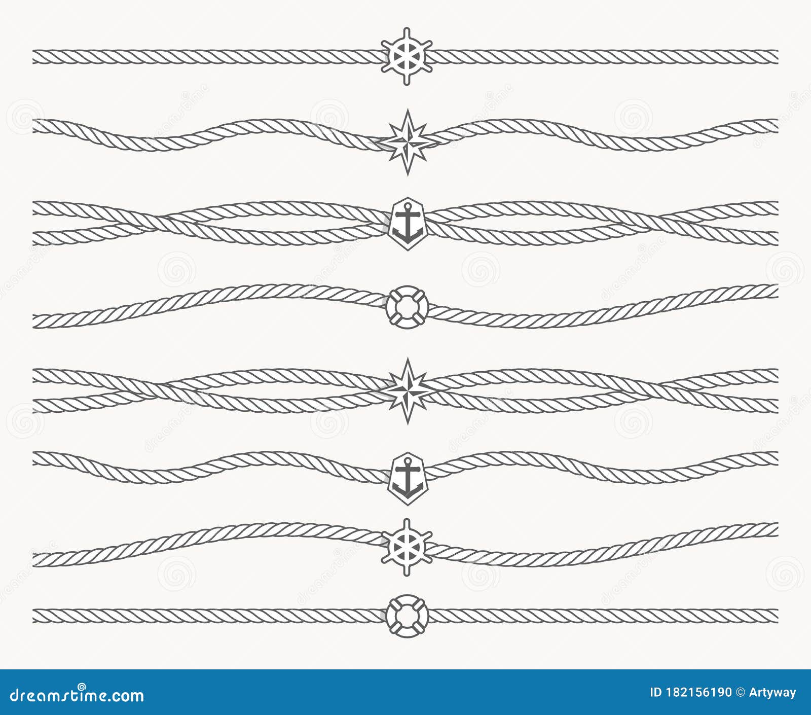 Set of Nautical Rope with Marine Symbols in Center of Line. Border