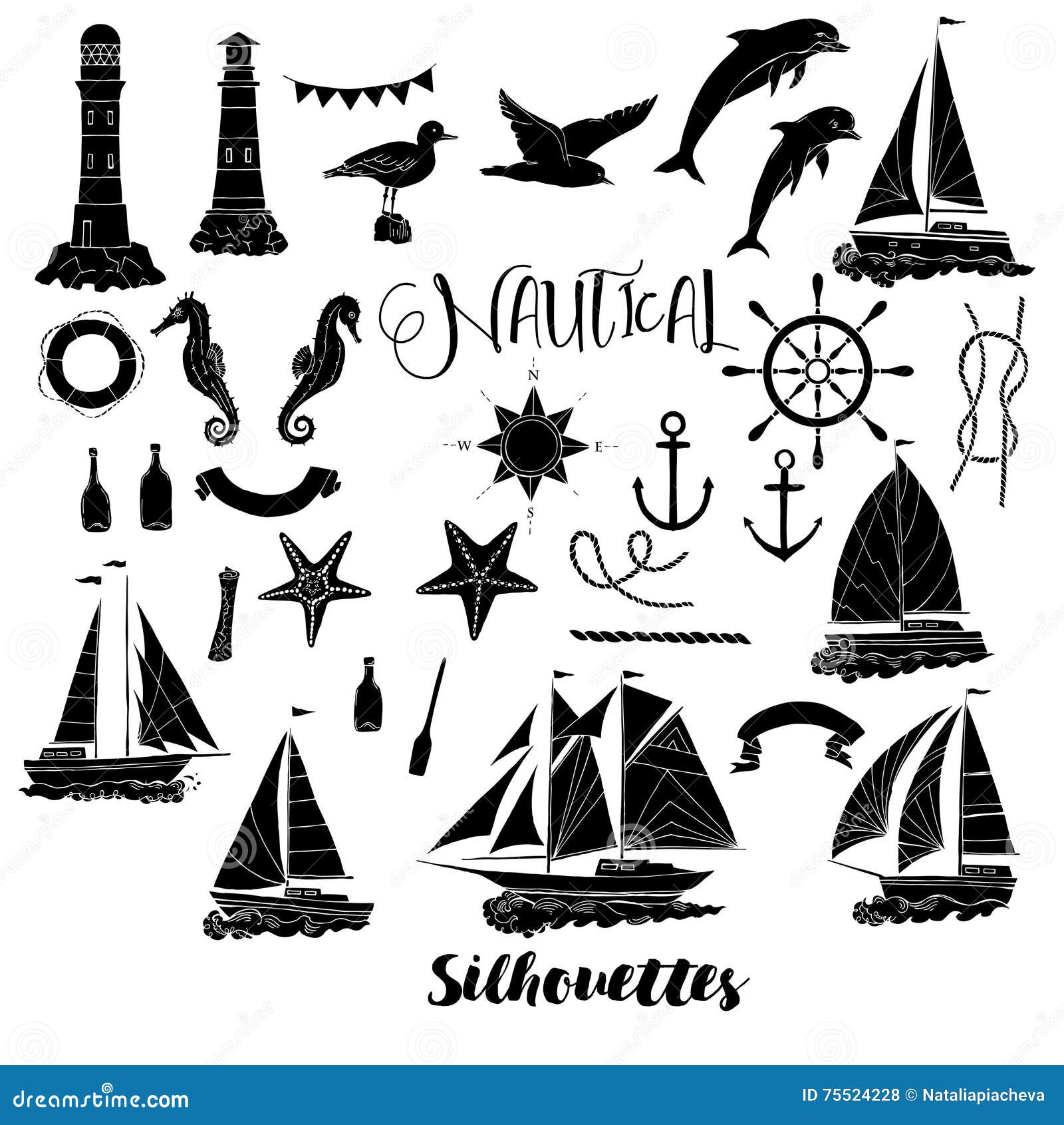 Download Set With Nautical Silhouettes Stock Vector - Illustration of silhouettes, dolphin: 75524228