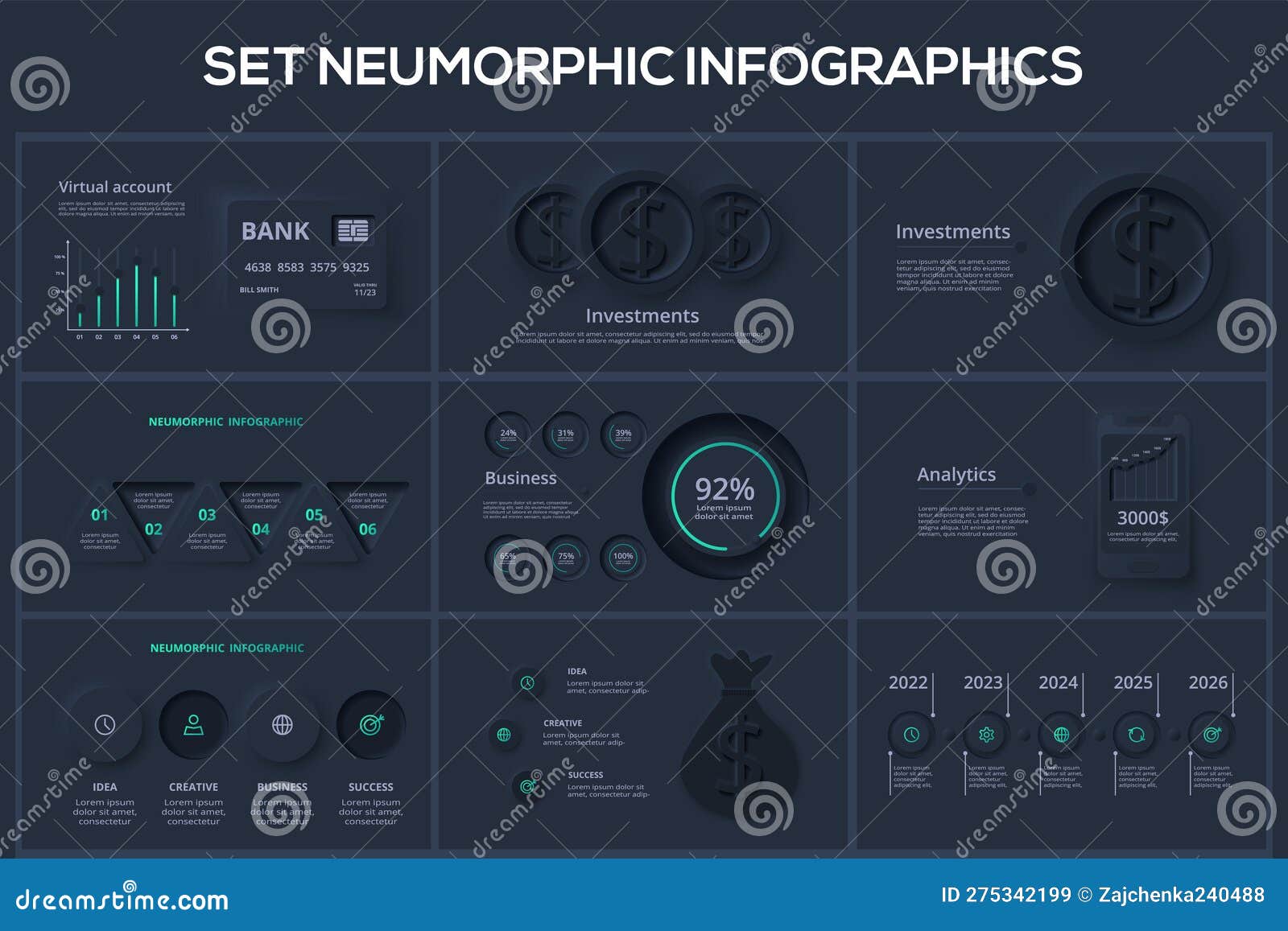 set neumorphic flowchart dark iinfographic. creative concept for infographic with 3, 4, 5 steps or processes