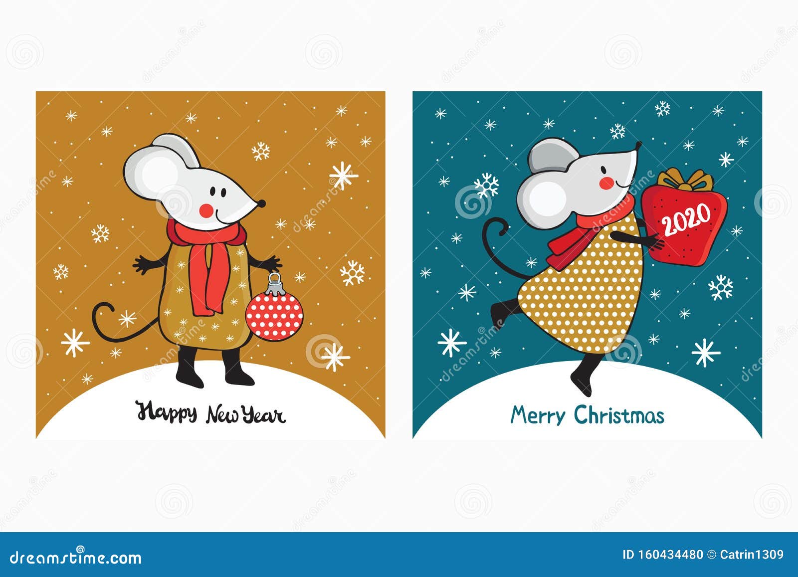 Set New Year and Christmas Greeting Card in Vector. Cute Cartoon ...