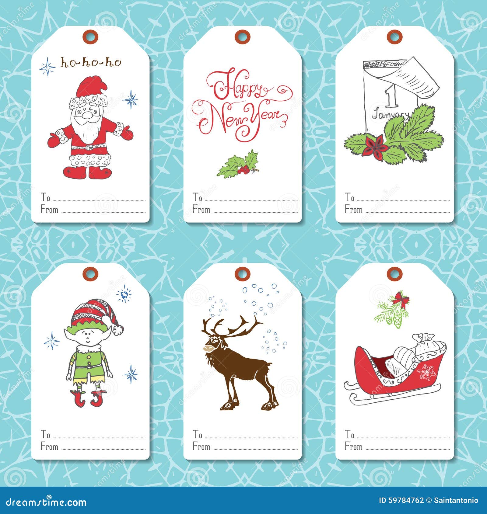 Set Of New Year Gift Tags Vector Template, Hand Drawn 