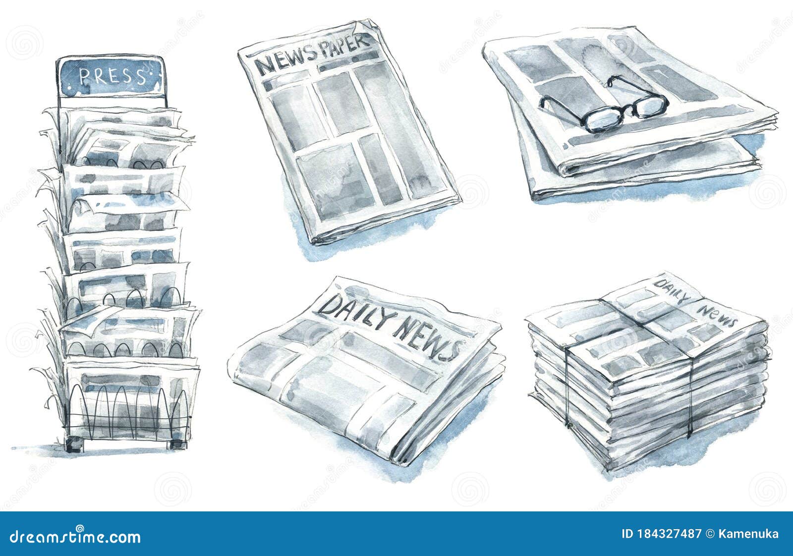 Set Of Newspapers, Press Stand Watercolor Illustration RoyaltyFree