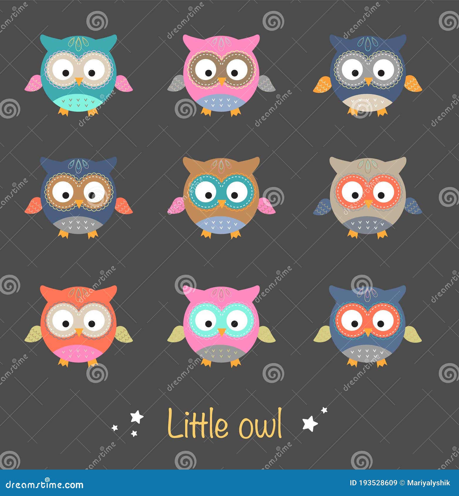 set of nice decorative colorful little owls s on dark gray background. - 