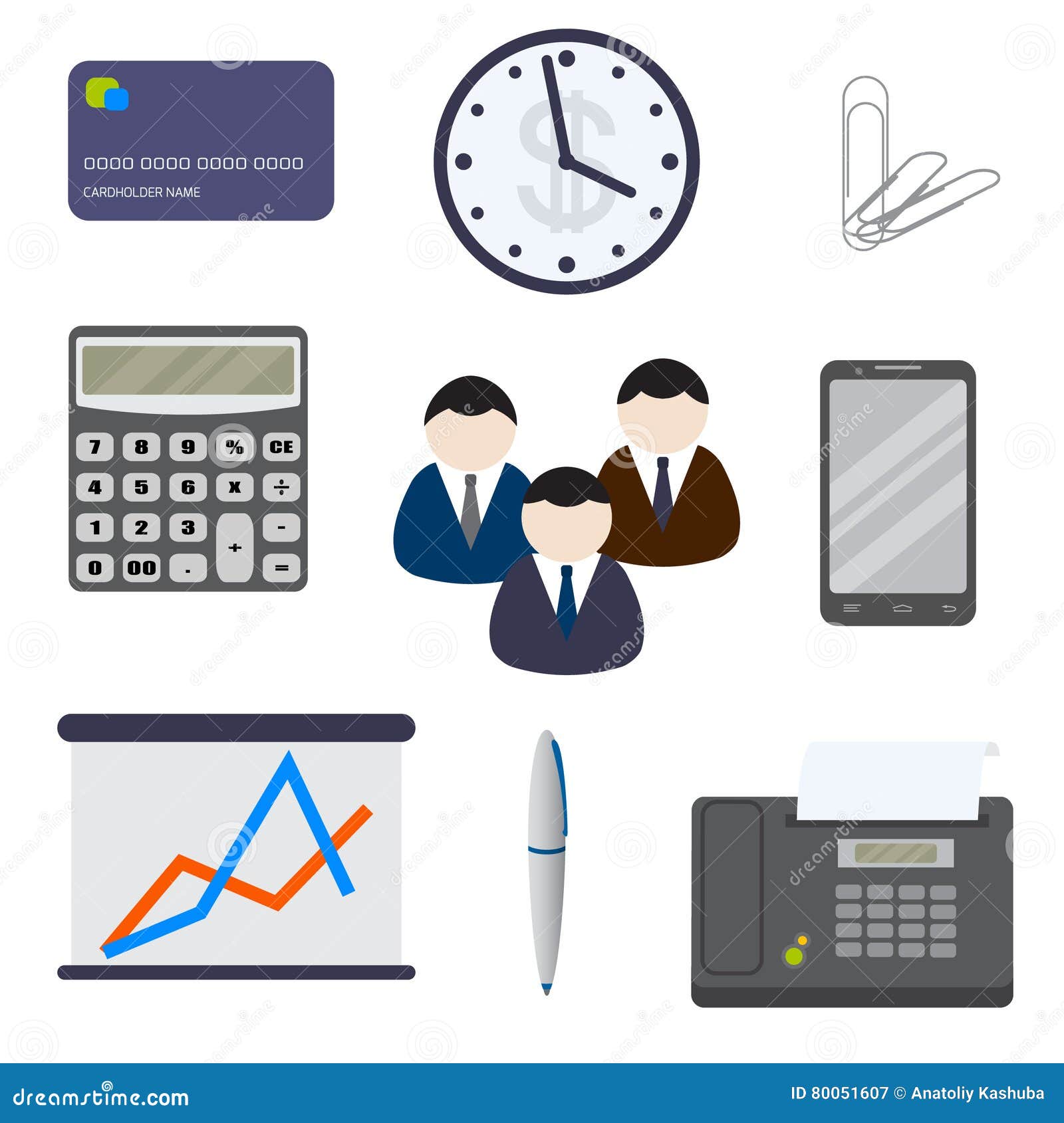 set of nine business items, on a white background.