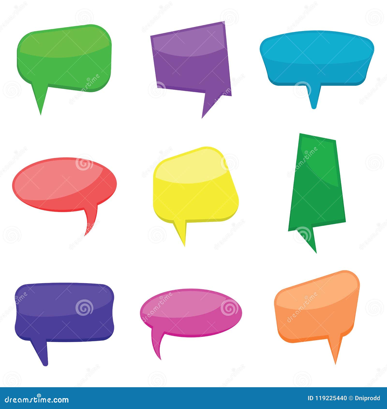 Set of nine colorful cartoon comic balloons speech bubbles without phrases. Vector illustration.