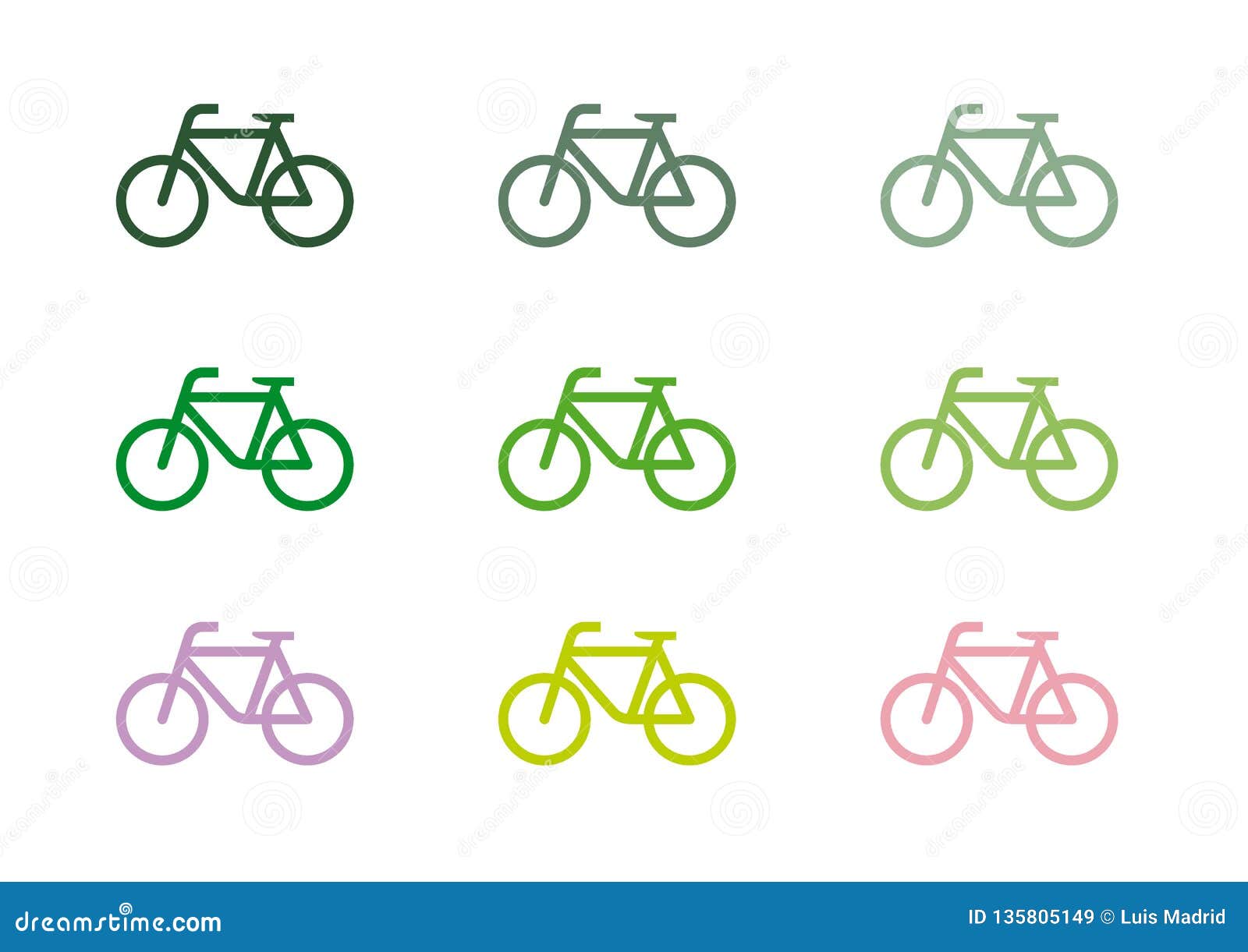 set of nine images of a bicycle of different shades of green