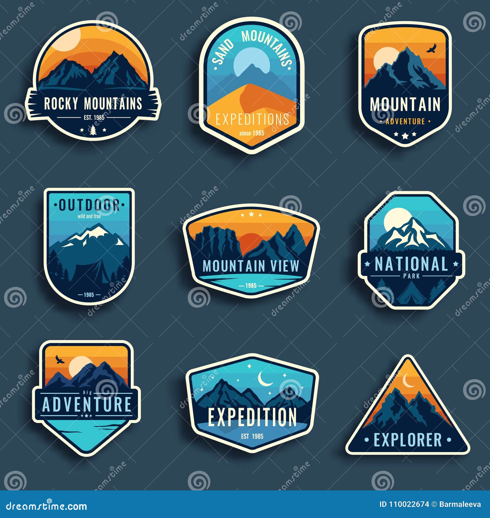 set of nine mountain travel emblems. camping outdoor adventure emblems, badges and logo patches. mountain tourism