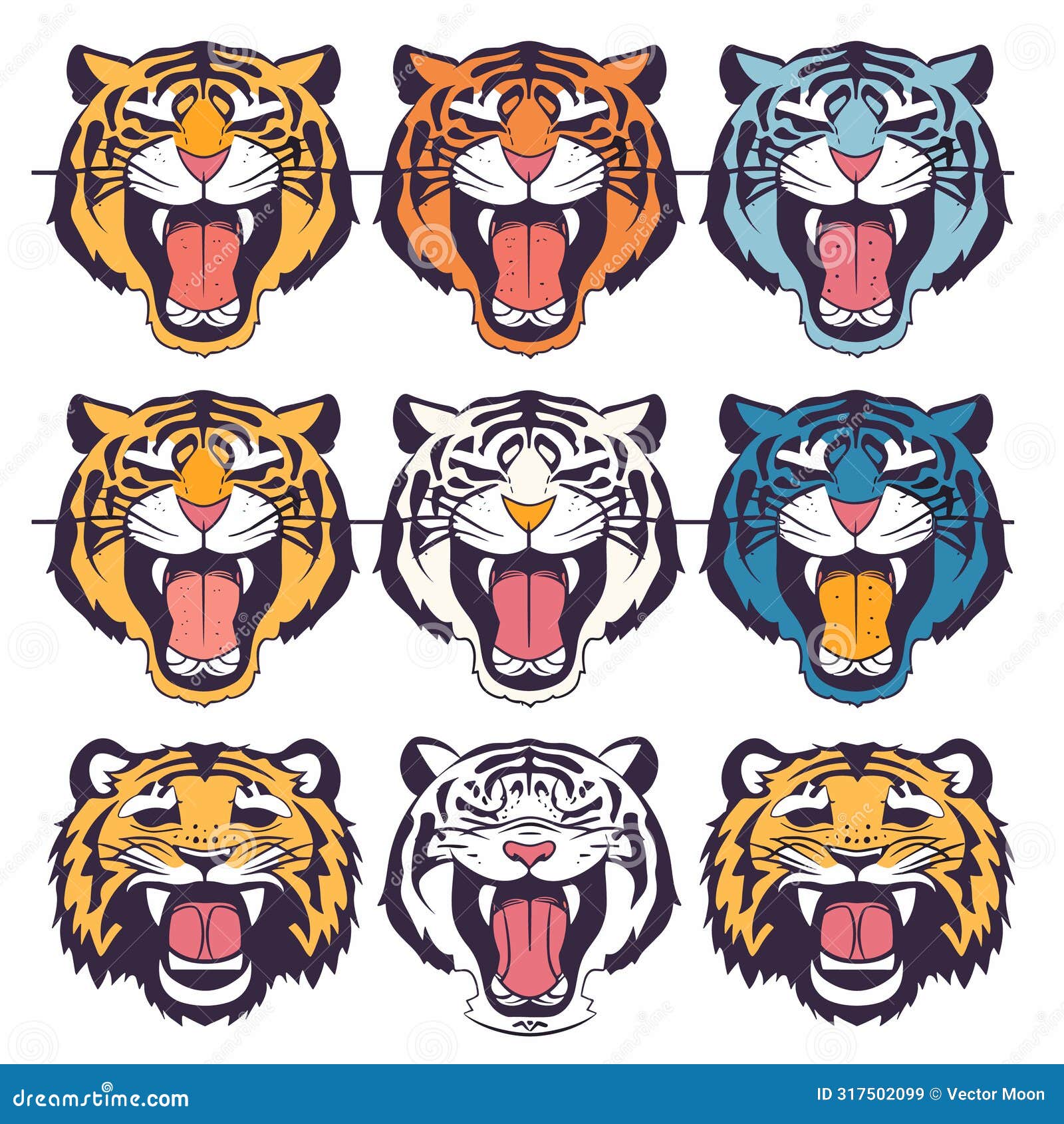 set nine tiger heads different expressions roaring, happy, calm. colorful tiger s