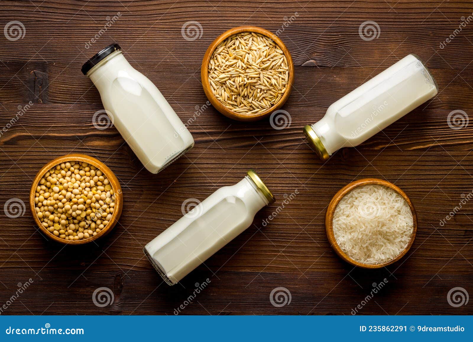 Set of Non Dairy Substitute Milk with Almonds Rice and Oats Stock Image