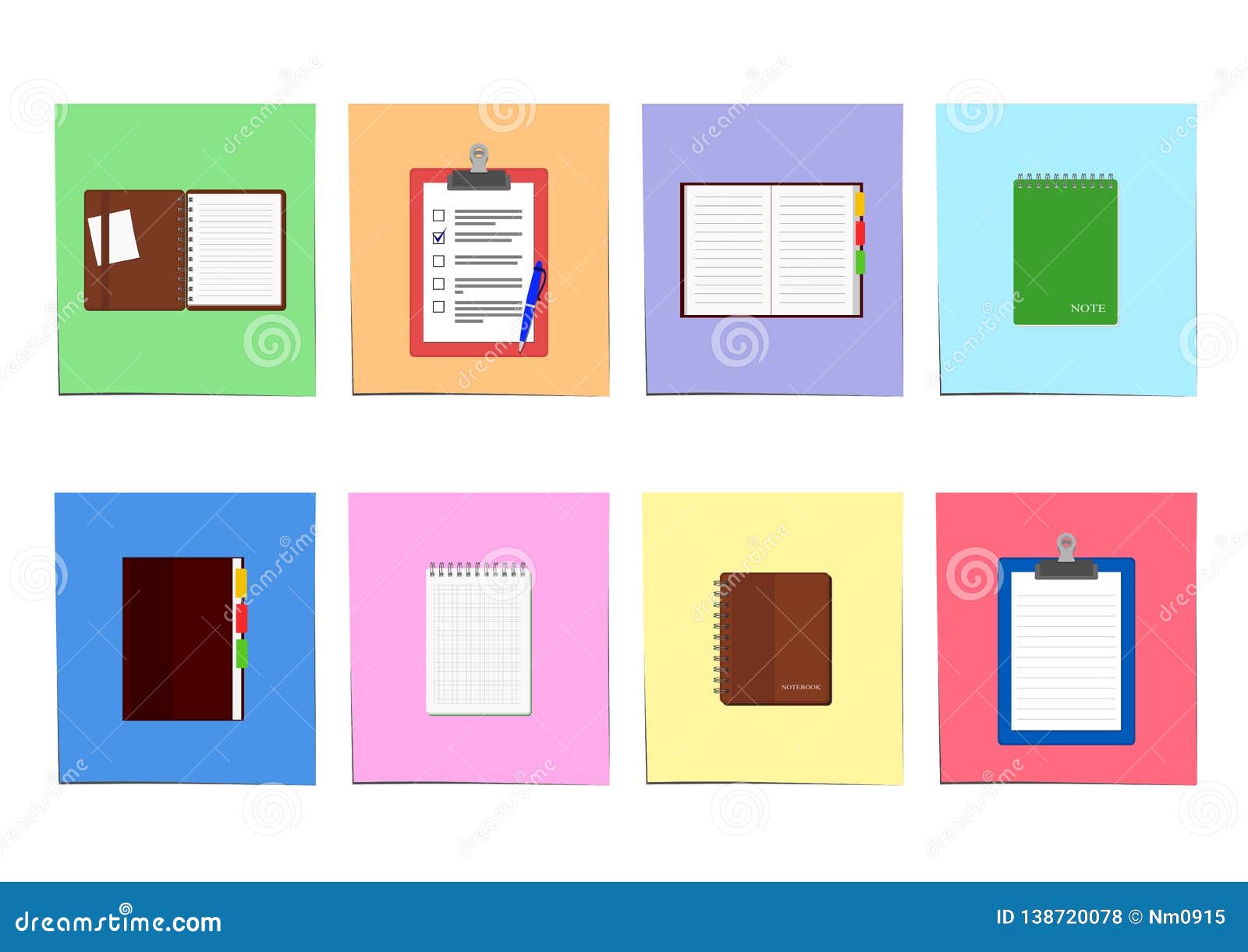 set of notebooks and clipboards on colored sheet of paper