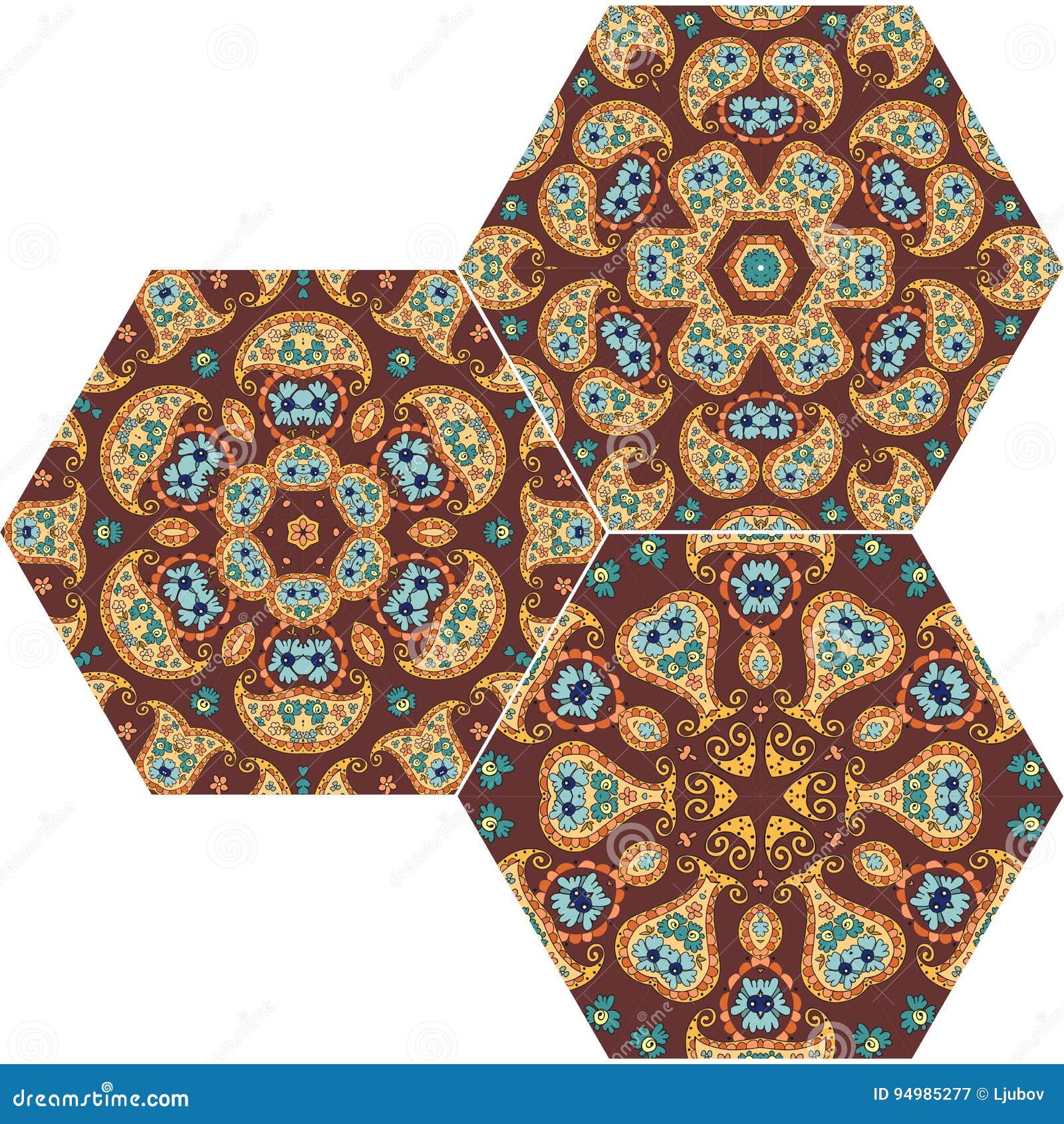 Set Number 1 of Hexagonal Indian Ceramic Tiles with Paisley Stock