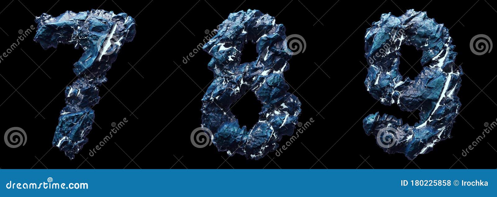 set of numbers 7, 8, 9 made of ice  on black background. 3d
