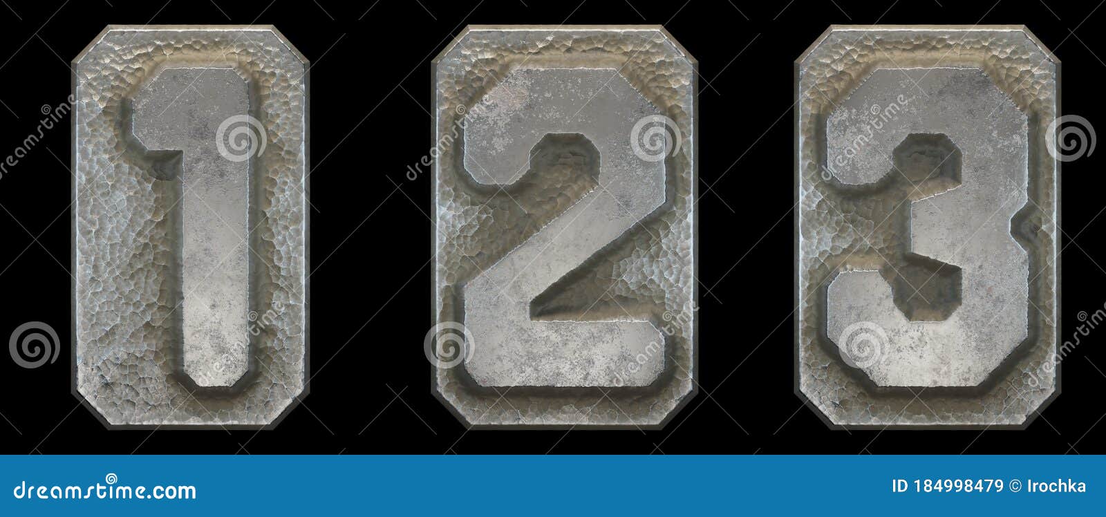 Set of Numbers 1, 2, 3 Made of Industrial Metal on Black Background 3d