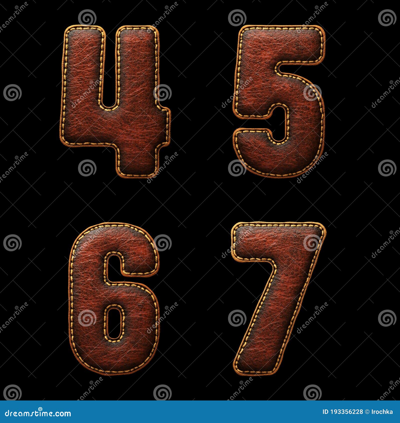 set of numbers 4, 5, 6, 7 made of leather. 3d render font with skin texture  on black background.