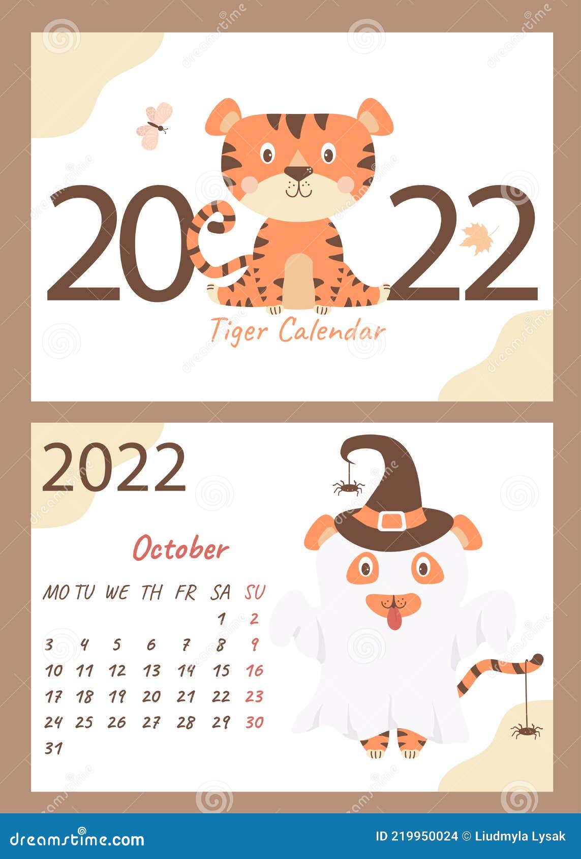 Halloween 2022 Calendar Set - October 2022 Calendar And Cover. Cute Ghost Tiger In A Hat With  Spiders, Halloween Holiday. Horizontal A4 Template. Week Stock Vector -  Illustration Of Novelty, Cute: 219950024