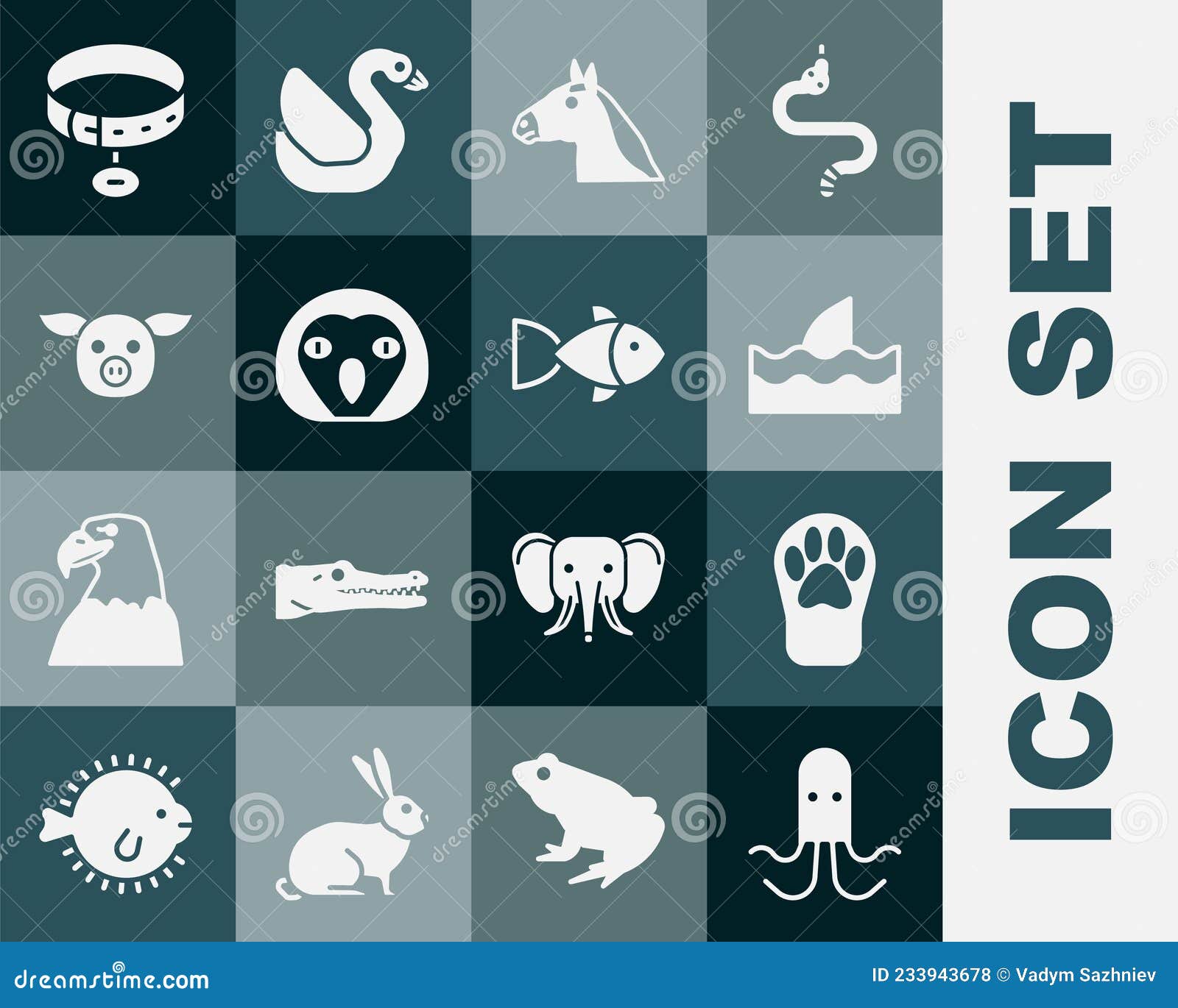 Set Octopus, Paw Print, Shark Fin Ocean Wave, Horse Head, Owl Bird, Pig, Collar with Name Tag Fish Icon. Vector Stock Vector - Illustration american, design: 233943678