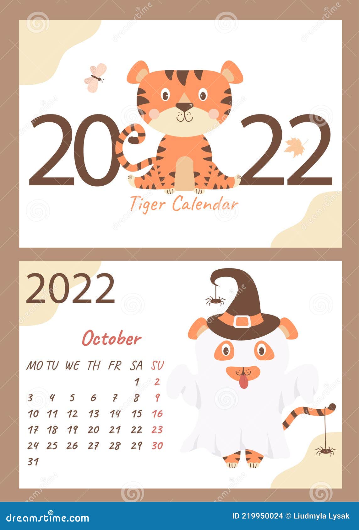 Set Octubre 2022 Calendario Y Portada. Tigre Fantasma Lindo En Un Sombrero  Con Arañas Vacaciones De Halloween. Plantilla Horizonta Ilustración del  Vector - Ilustración de organizador, fantasma: 219950024