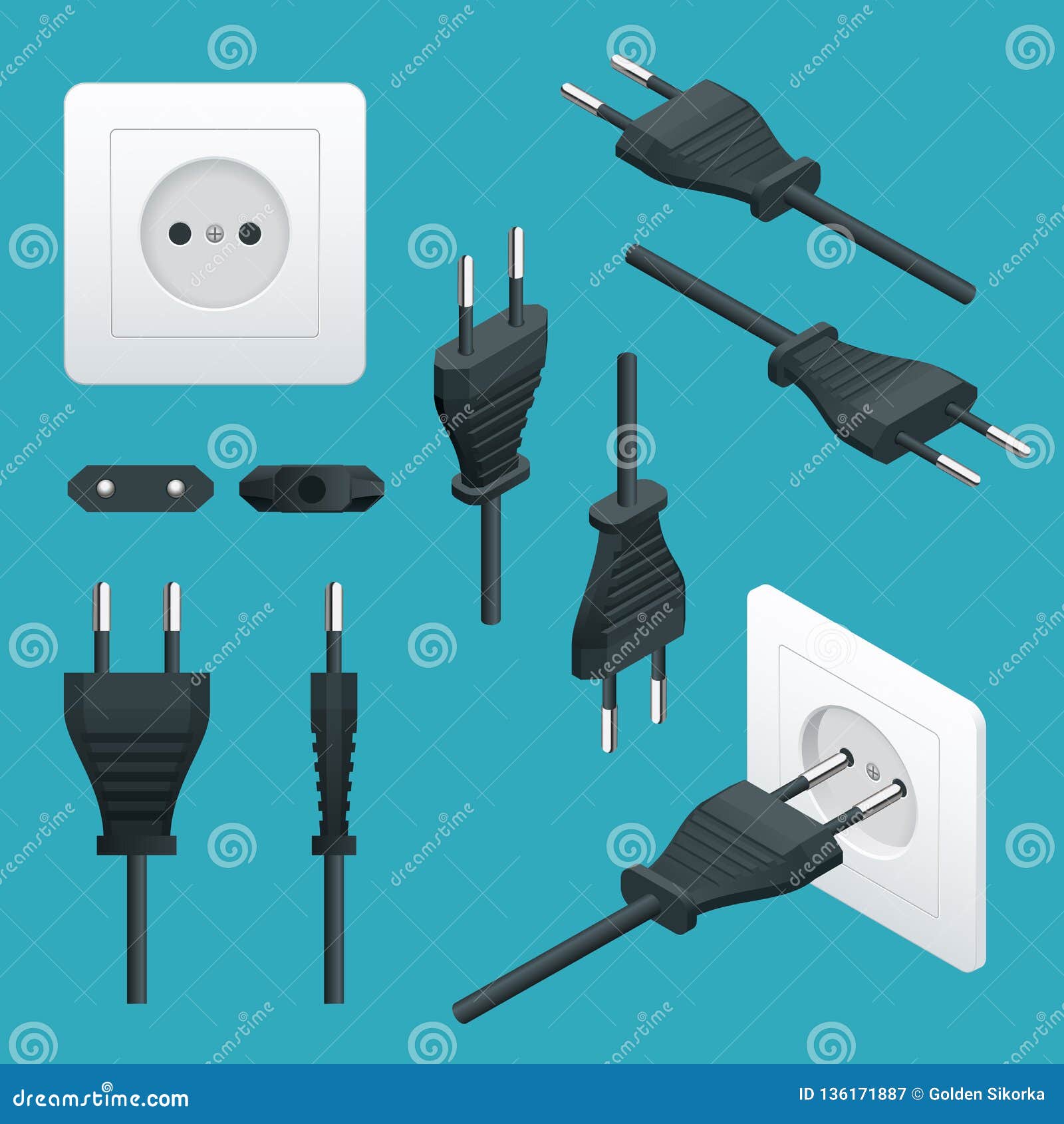 Set Od Plugs And Sockets Type F. Used In Germany, Austria, The