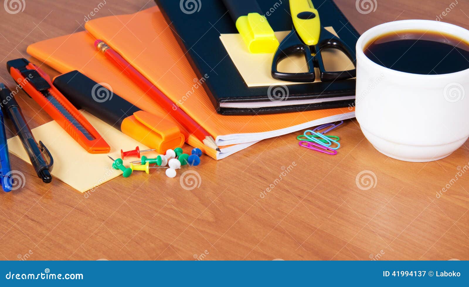 Set of Office Accessories, Scissors and Coffee Stock Image Image of