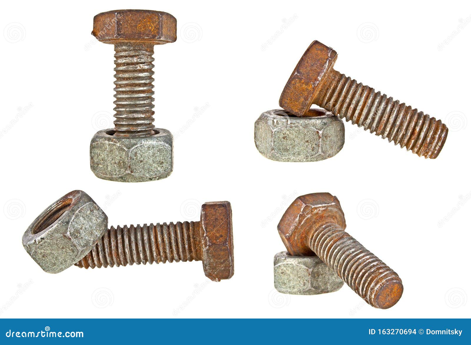 Set of Old Rusty Bolt and Screwnut Isolated on White Background Stock