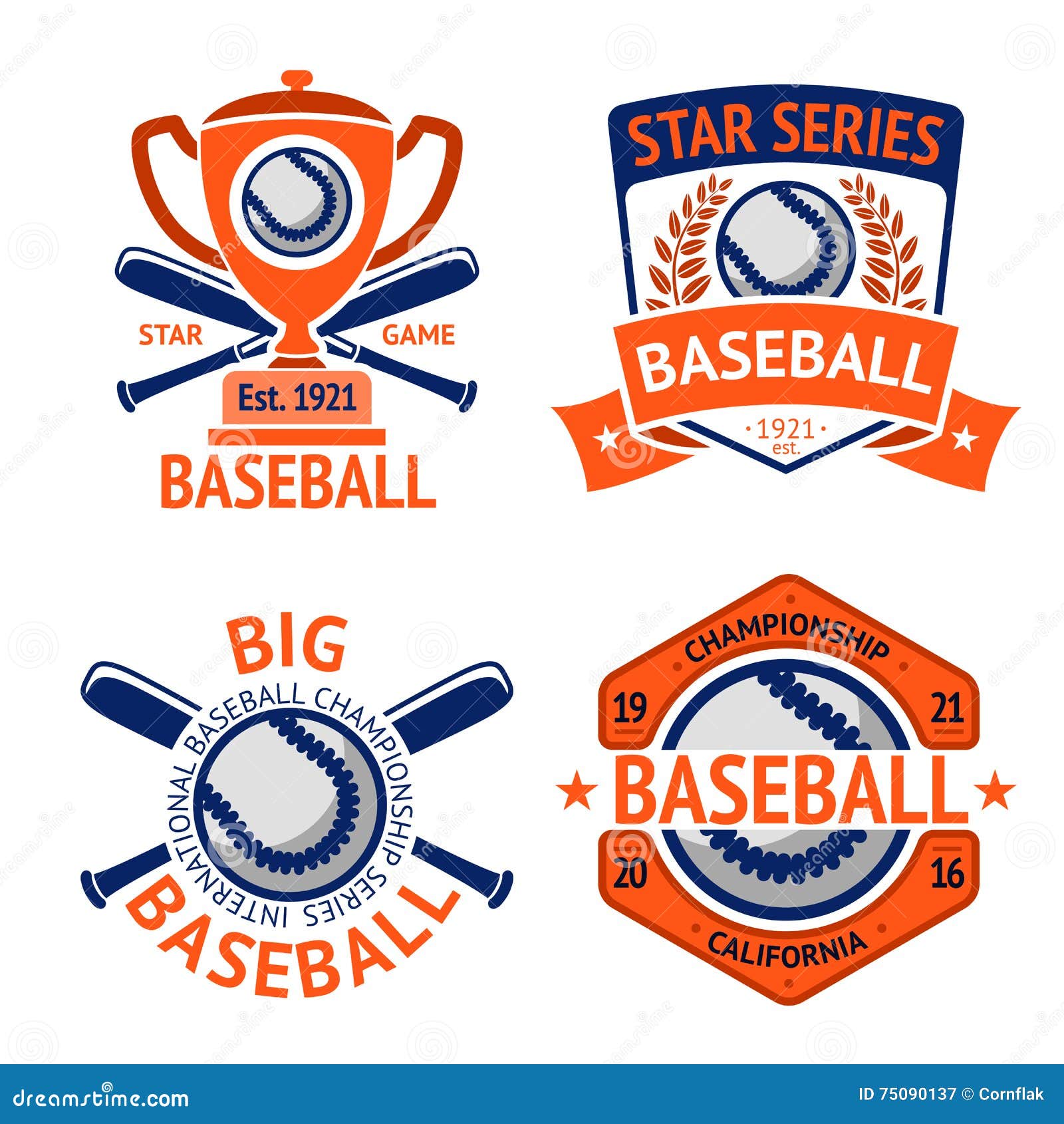 Set of Old Style Baseball Labels with Ball and Bats. Vector Stock