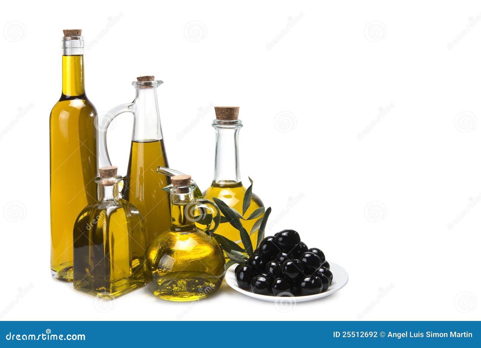 Set of Olive Oil Bottles and Black Olives. Stock Photo Image of