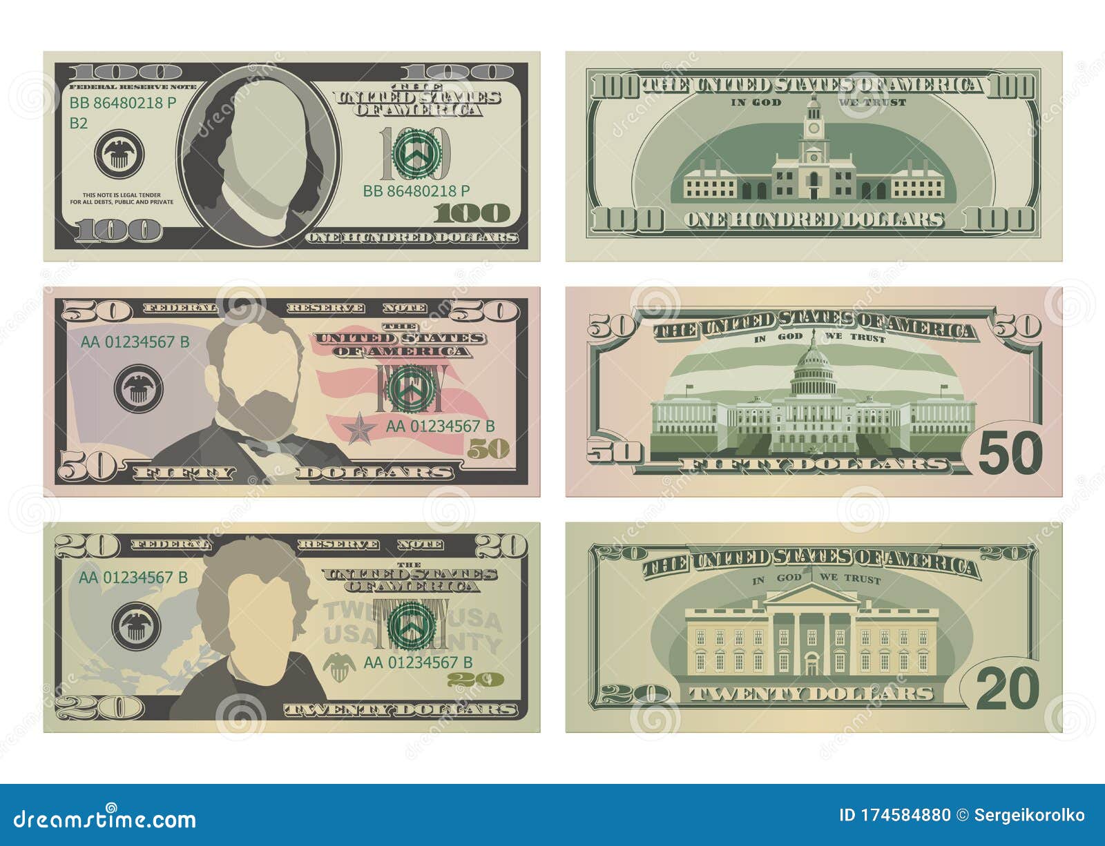 Set of One Hundred Dollars, Fifty Dollars and Twenty Dollar Bills. 100