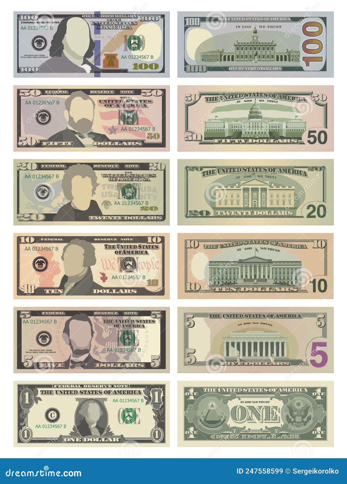 1 In Us Dollars Set of One Hundred, Fifty, Twenty, Ten, Five Dollars and One Dollar Bills  on Both Sides. 100, 50, 20, 10, 5 and 1 US Dollars Stock Vector -  Illustration of jackson, american: 247558599