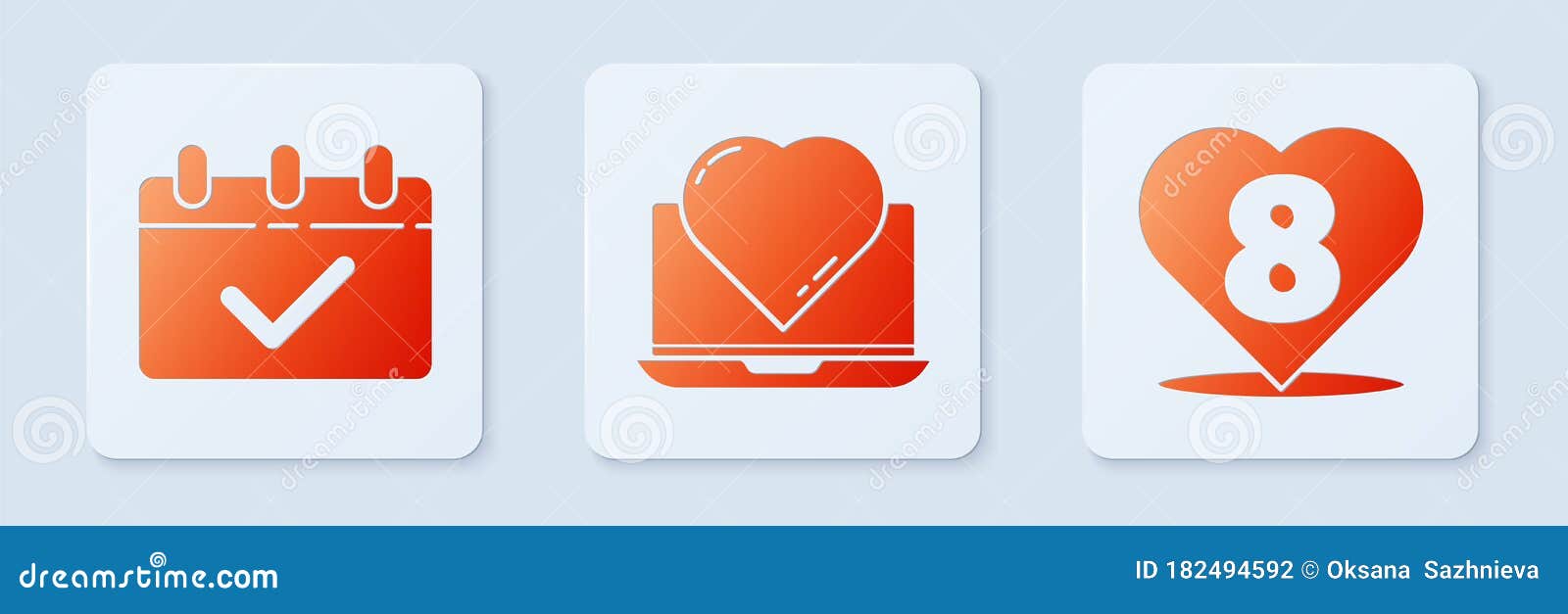 Set Online Dating App and Chat, Calendar with 8 March and Heart with 8