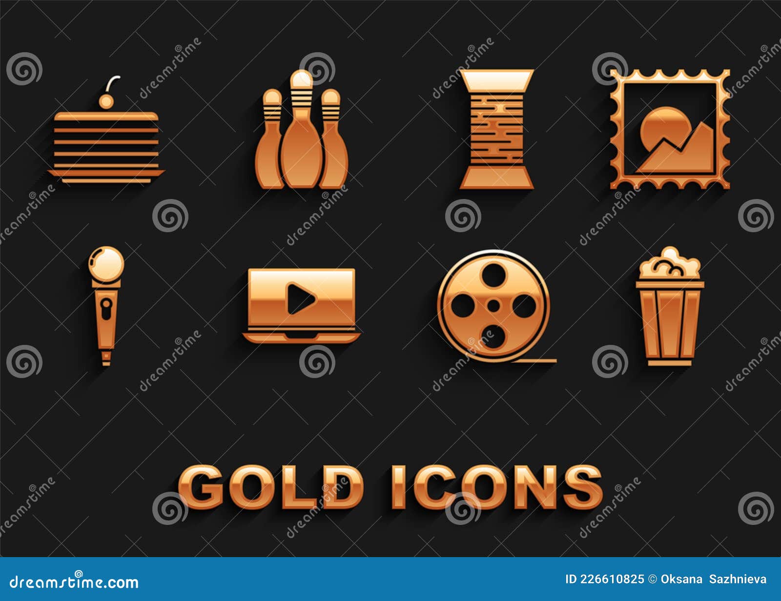 Set Online Play Video, Picture Landscape, Popcorn Cardboard Box, Film Reel,  Microphone, Sewing Thread Spool, Cake and Stock Illustration - Illustration  of equipment, food: 226610825