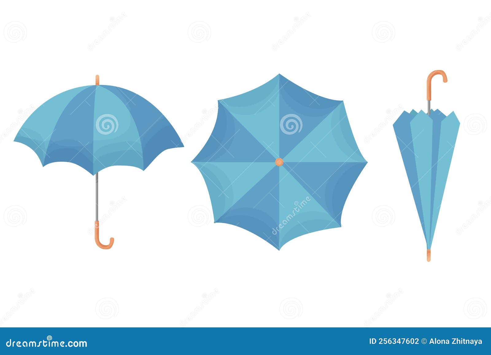 Set Open and Closed Blue Umbrella, Handle Accessory in Cartoon Style