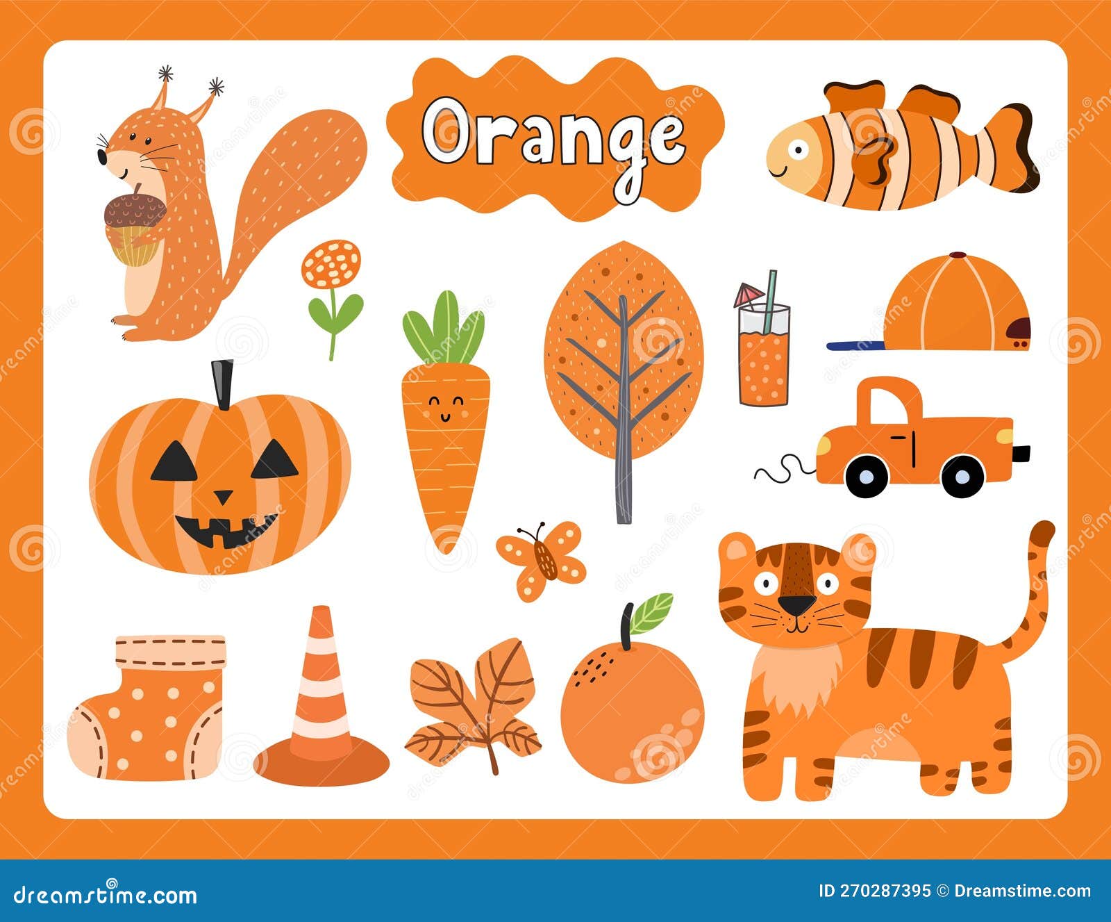 Set of Orange Color Objects. Primary Colors Flashcard with Orange