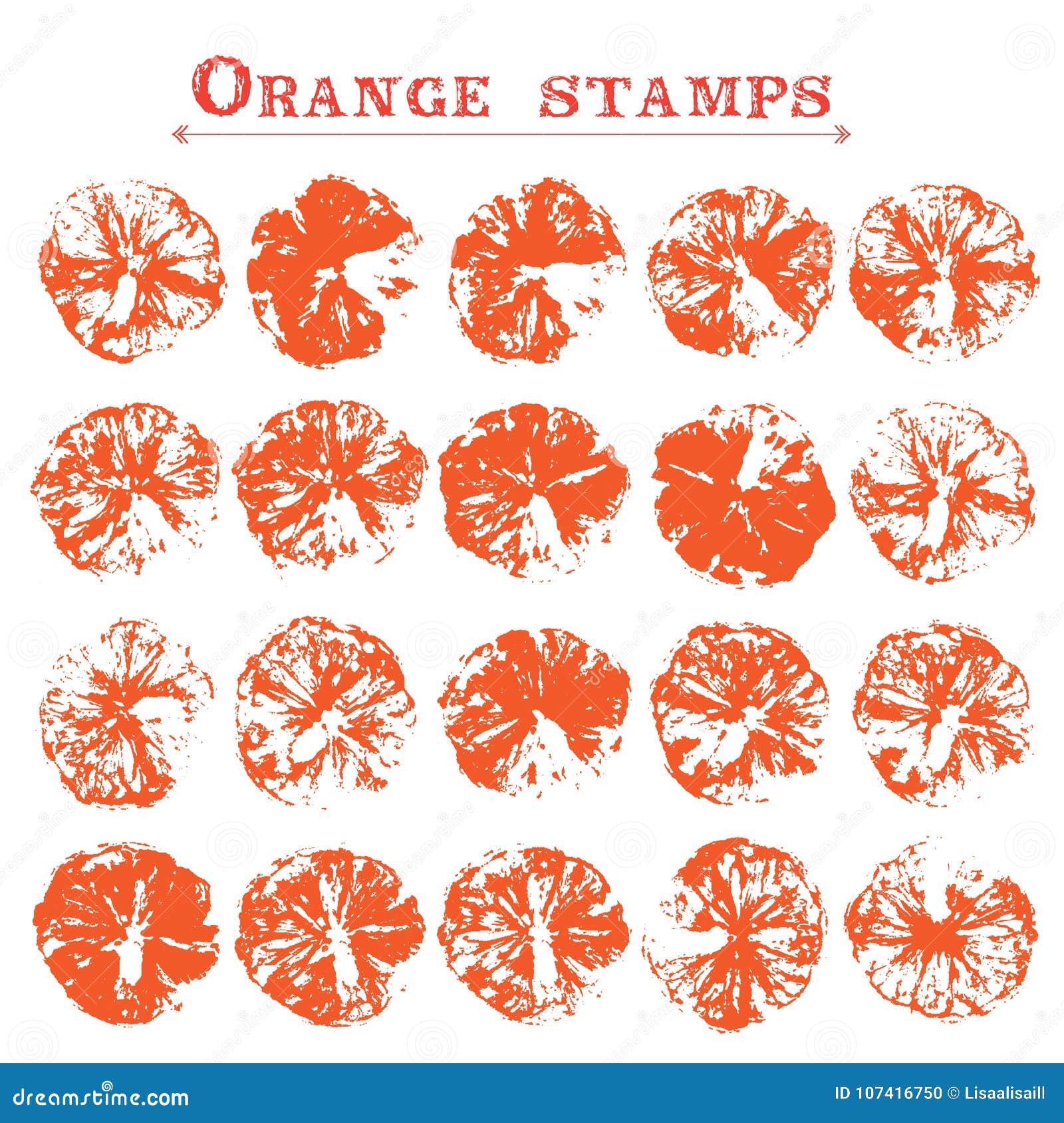 Set of Orange Fruit Stamps. Orange Marks on Paper. Orange Silhouette