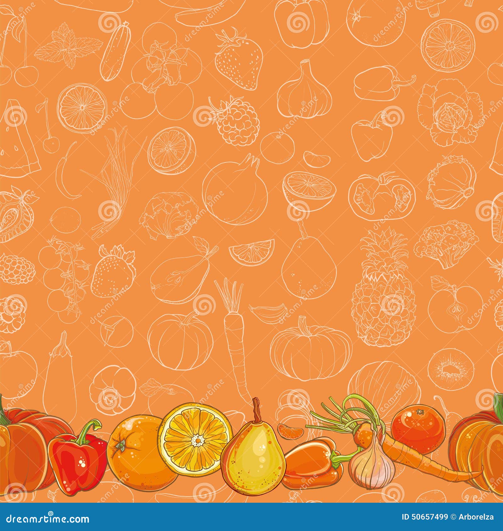 Set of Orange Fruits and Vegetables on Orange Seamless Background Stock