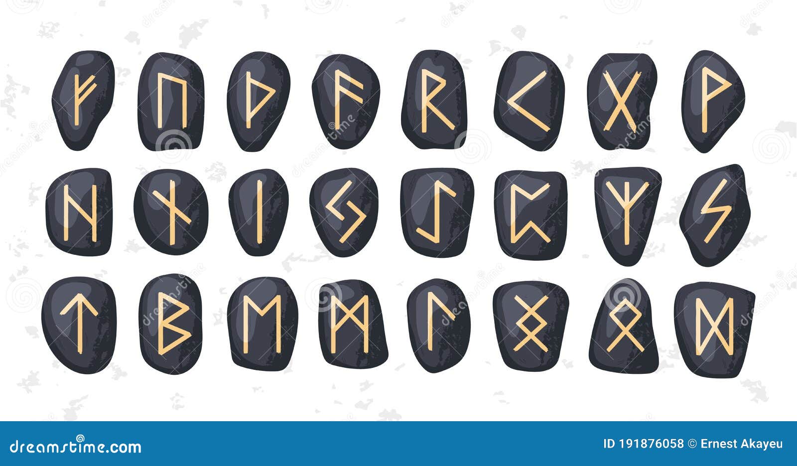 set of ordered celtic or anglo saxon elder futhark runes alphabet carved on stones. nordic or norse, germanic font