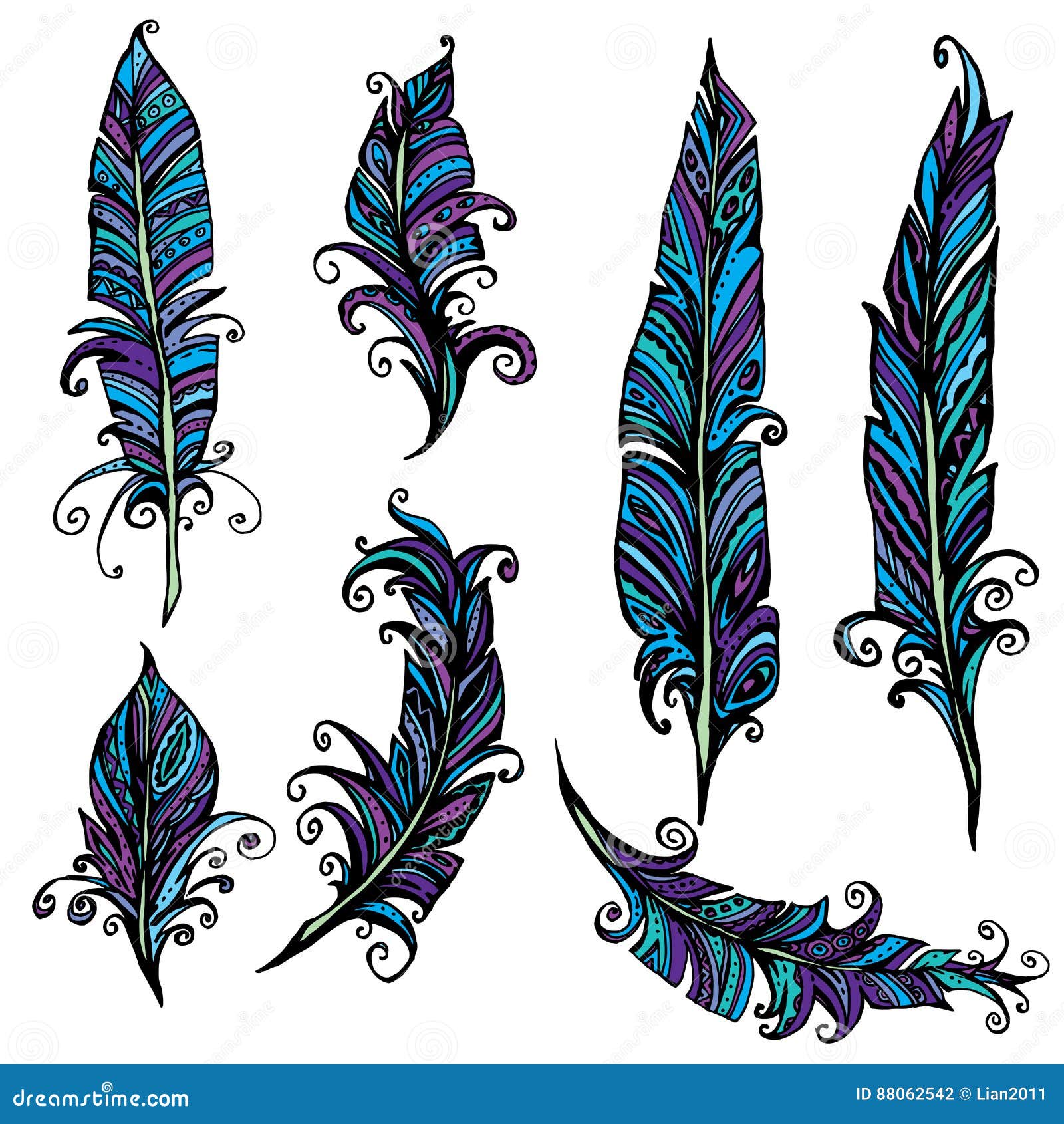 Set of Ornamental Feather, Tribal Design. Ink Hand Drawn Stock Vector ...